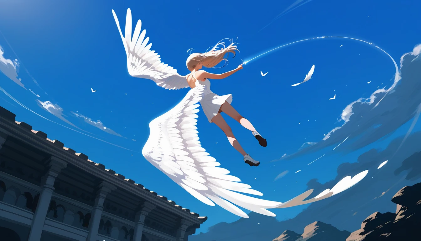 score_9, score_8_up, score_7_up, source_anime, detailed, 8k, cinematic angle, rating safe, from back, wide shot, A white winged angel is flying and look down,