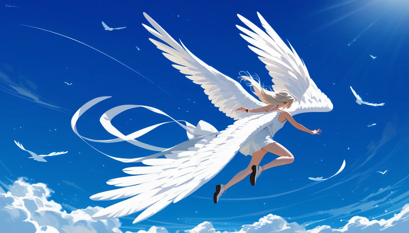 score_9, score_8_up, score_7_up, source_anime, detailed, 8k, cinematic angle, rating safe, from back, wide shot, A white winged angel is flying and look down,
