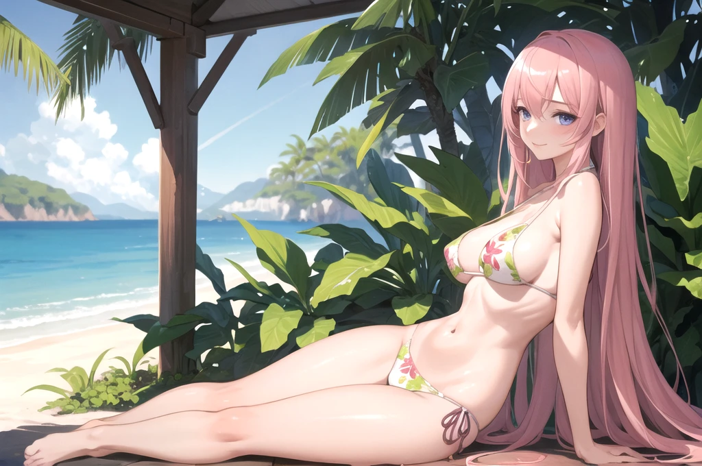 (masterpiece, best quality), amazing, Fine details, Scene Description, Official art, the Extremely Detailed CG Unity 8K Wallpapers, Masterpiece Portrait, realistic, photo, (1 woman:1.5), (1 girl:1.5), (solo girl:1.5), (perfect woman body), realistic, photo, (beautiful woman faces:0.9), (Captivating anime woman), Beautiful style, (luka megurine), (long pink hair), bright blue eyes, smile, (slender body), (medium breasts:1.1), large , on beach, (botanical print bikini:1.3), (random color bikini:1.3), closed_mouth, looking at viewer, palm_trees, sitting under trees, scenery focus, aerial_view, summer, (beach), nature, daybreak, blue_sky,  horizon, landscape, perfect lighting, aesthetic, wallpaper, scenery, (from-side), from behind, high leg swimsuit,