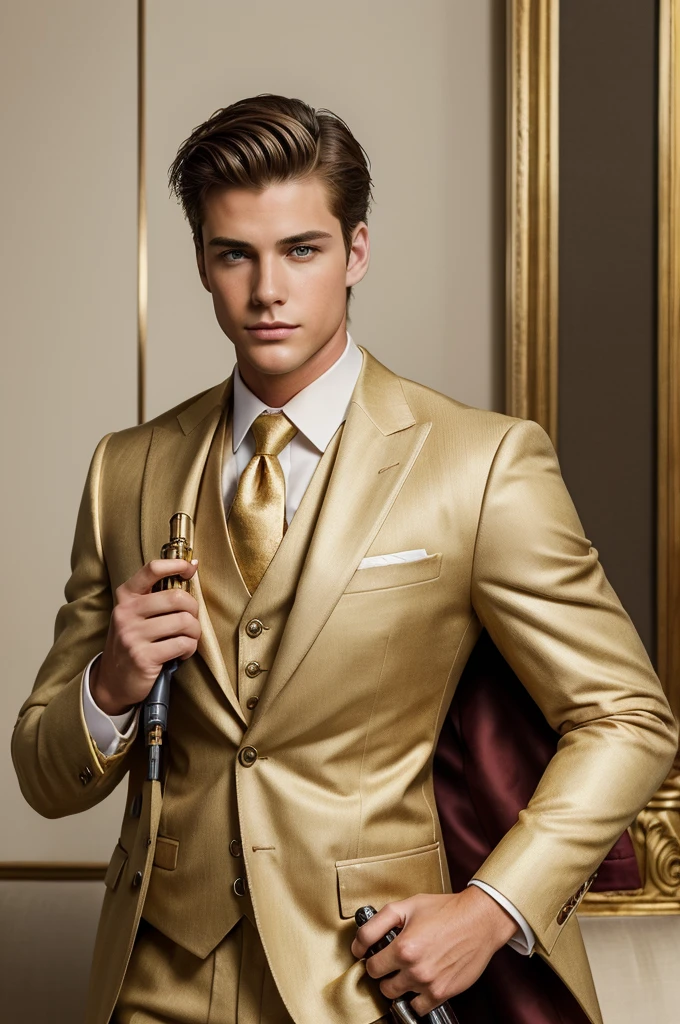 ((best quality)), ((masterpiece)), (detailed), perfect faceA fit handsome rich white boy in suit and gold locket in neck . Holding a advanced long gun in hand