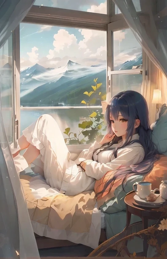 Anime atmosphere, Relaxed atmosphere,Bed by the window,There is a lake outside the window,high resolution,high quality,High Detail,high noise,Fine details,8K,Describe every detail,High-definition quality,no book,No books