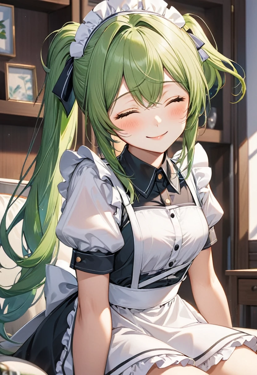 (talking style) (in a summer maid clothes), (solo:2, 15 yo ponytail green hair long hair cute fighter girl, cute closed eyes, love smile, medium tits), break, in the lounge, BREAK, perfect anatomy, masterpiece, best quality, 16k, beautiful detailed grow, daydreaming expression.
