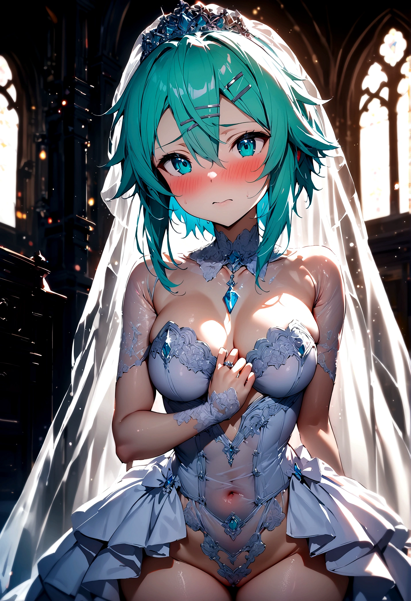 NSFW,masterpiece,Highest quality,High resolution,Super detailed,Sinon\(Sword Art Online\),(High quality sexy wedding dress),Wedding Veil,tiara,gem, hair ornaments, Hair Clip,wedding ring,Embarrassed,expectant face,(Lust),blush,Church at night in the moonlight,Luxurious Room,wedding