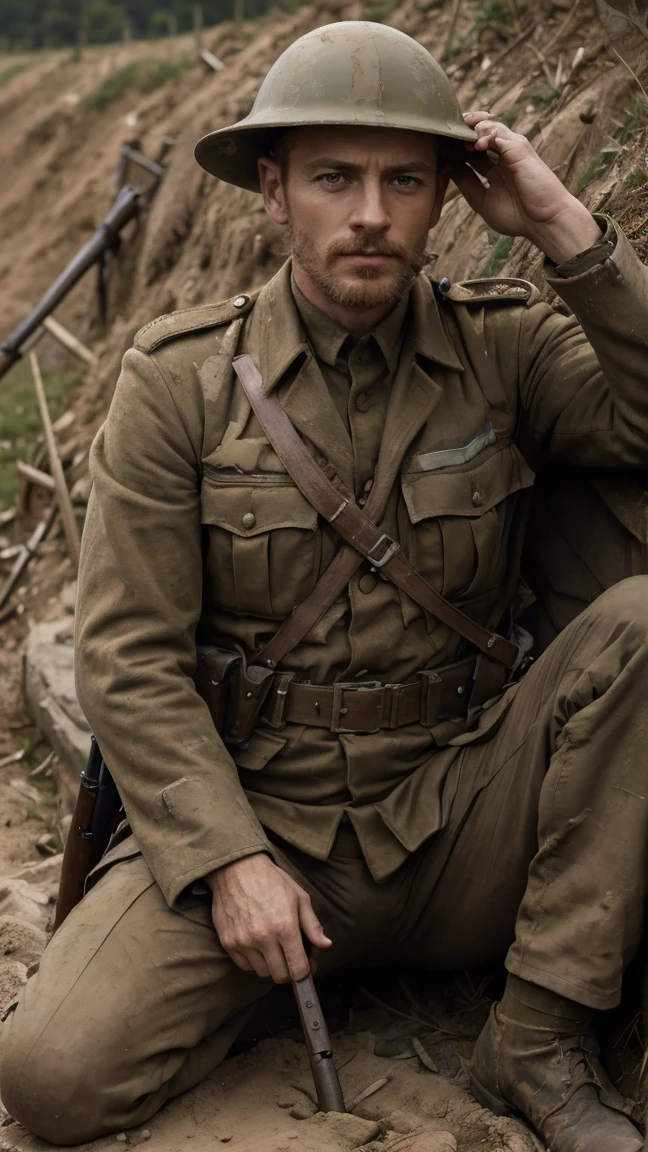 (masterpiece), best quality, expressive eyes, perfect face, All quiet on western Front, man, trenches, dirty, uniform, realistic, HD, Rifle, mas-36, battle, fighting, world war 1, bearded, mature, michael Fassbender, sitting on trench