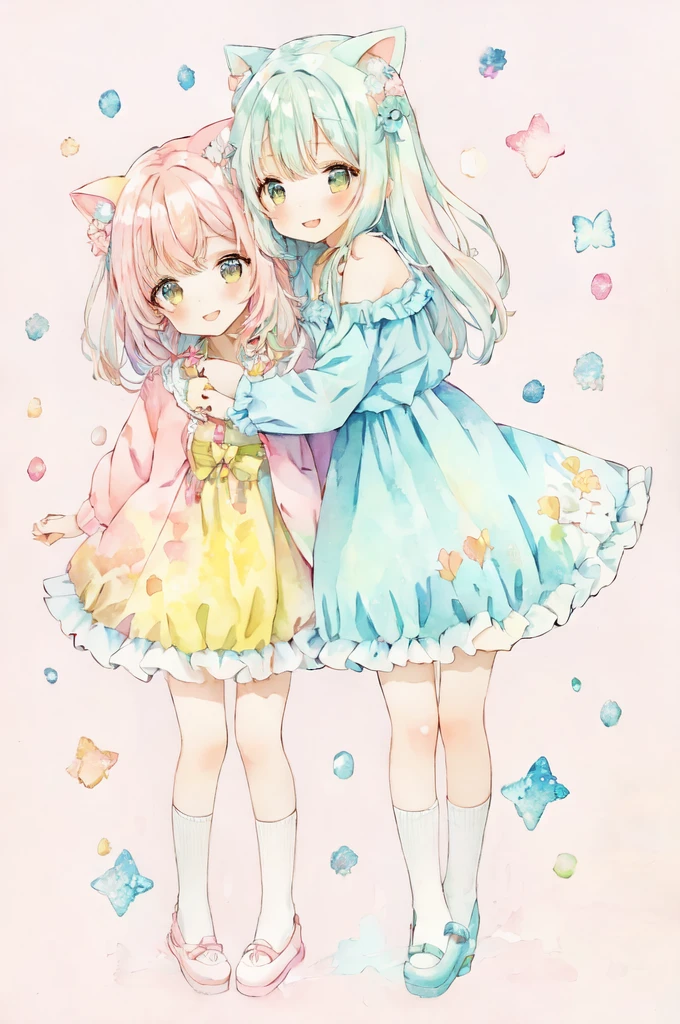 smiling girls, Colorful fruit background of various kinds, anime characters hugging each other in a cartoon style, cute art style, cute anime, cute anime style, pastel coloring, two beautiful anime girls, soft anime illustration, soft cute colors, beautiful anime art style, cute colorful adorable, pastel colors only, anime girls, anime art style, colorful pastel, decora inspired illustrations, kawaii anime manga style, loish and clamp style
