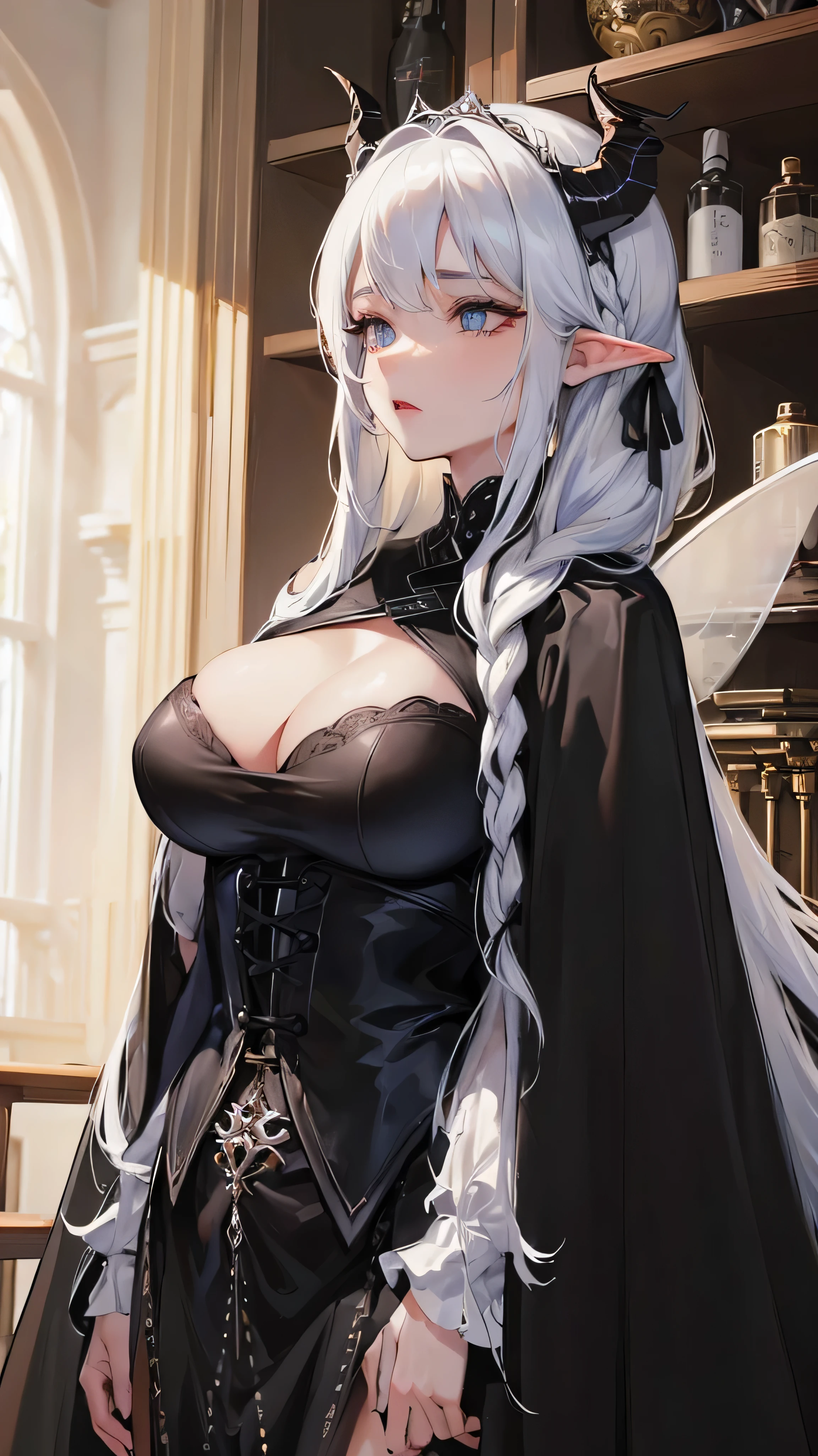 Photograph of the upper body of a beautiful woman, (nomal breasts, perfect body), Sharp focus, (plump body, mature woman), ((Looking ahead)), (Highly detailed skin, hair follicles:1.4,),
( long hairstyles) White hair, blue eyes, reaper. , Elf ears, fairy tales (wear black cape), darkness,(black cloth)
, warriors , elegant, luxury, (wear head accessories: 1.4 ) demon horns, remove wings