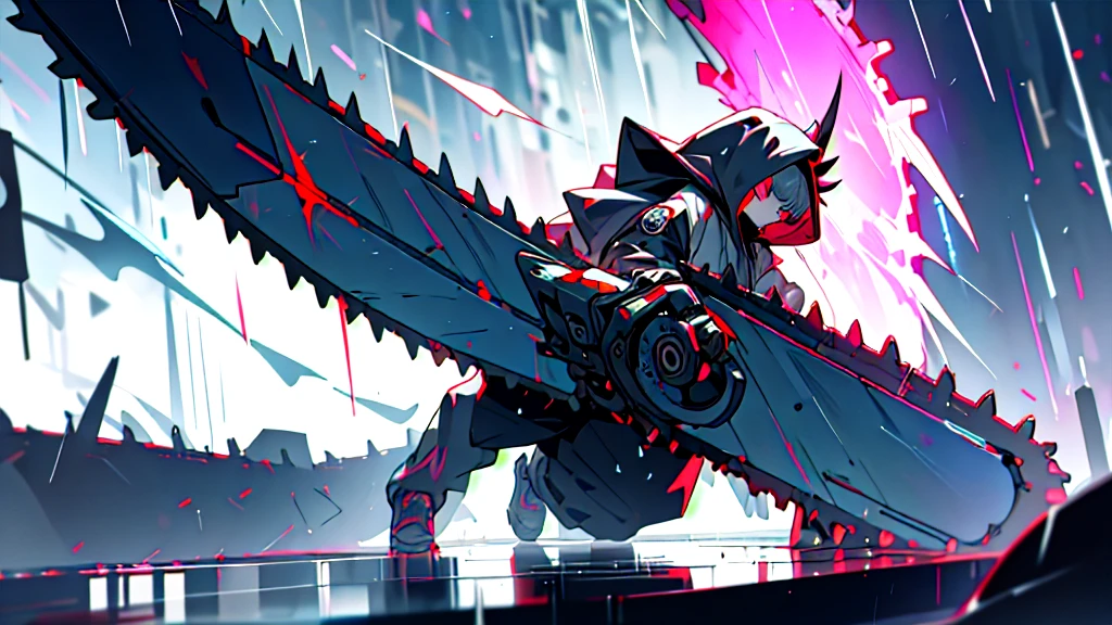 Absurd, High resolution, Super detailed,
One girl,Exo-armour oversized hooded jacket, Long horn,whole body,Has a chainsaw,The ultimate form,heavy rain、Colorful rain