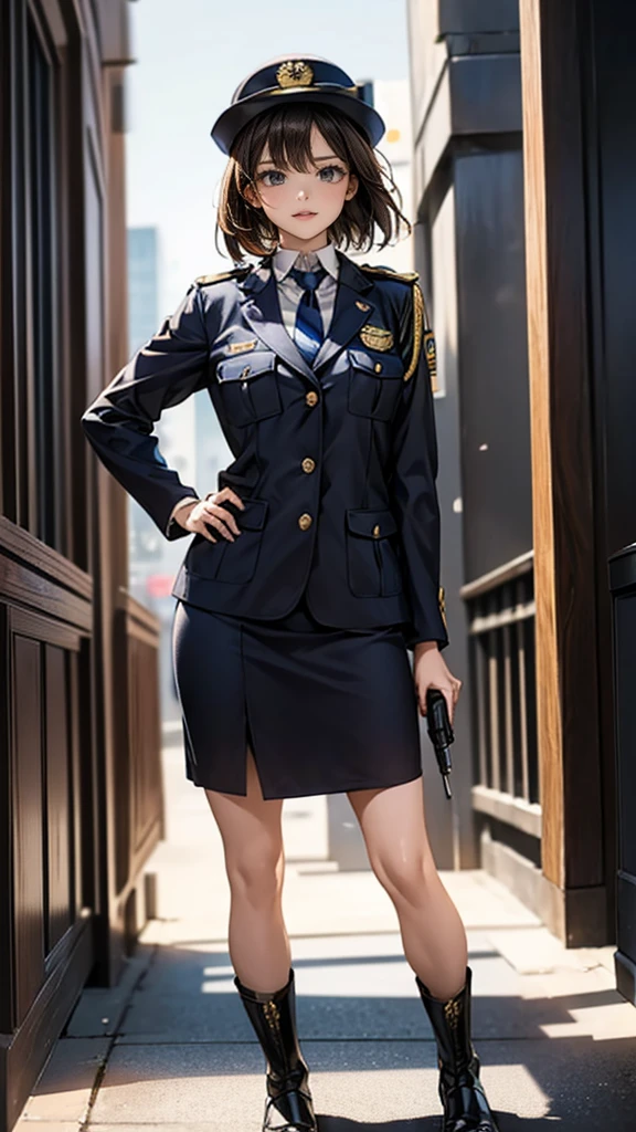 Highest quality、masterpiece、8K、Realistic、超High resolution、Very delicate and beautiful、High resolution、Cinema Lighting、medium range shooting、Portraiture、Perfect female body、Beautiful woman、Mature Woman、Put your hands on your head、View your viewers、((Standing position:1.6))、Medium chest、Cityscape、(Short Bob、Brown Hair)、((Female police officer:1.4、uniform、limited cap、uniformのボタン、tie、uniformのジャケット))、Police Vehicles、Baton、handcuffs、wireless、Best、Leather shoes、Name tag、uniformのパッチ、防弾Best、Police Badge、skirt、boots、gun、Police Badge、Epaulettes、uniformのskirt