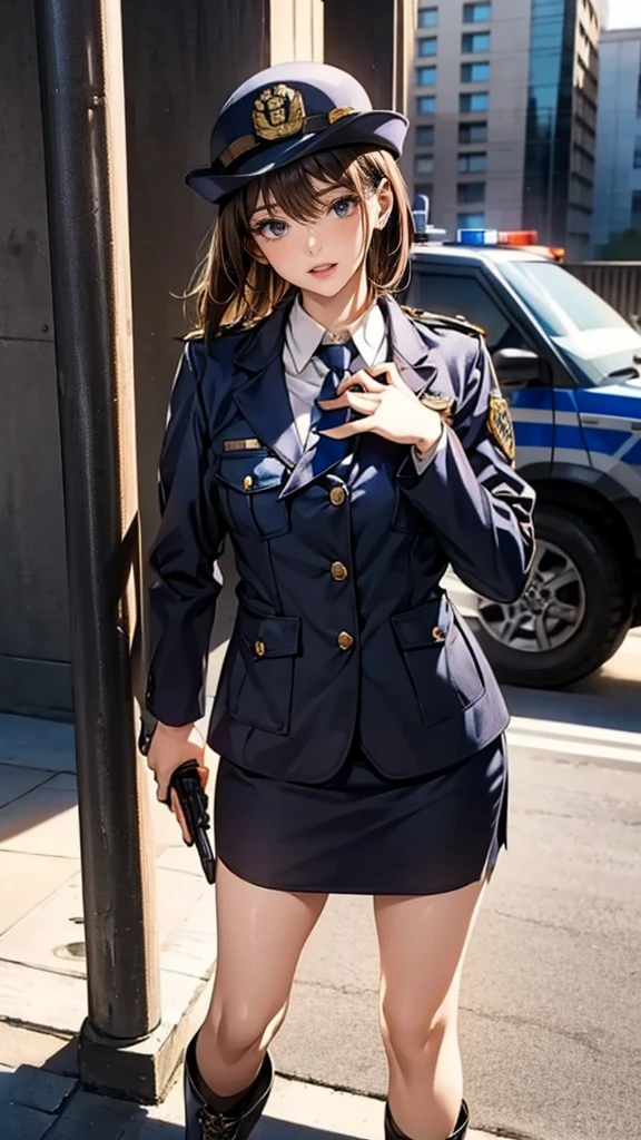 Highest quality、masterpiece、8K、Realistic、超High resolution、Very delicate and beautiful、High resolution、Cinema Lighting、medium range shooting、Portraiture、Perfect female body、Beautiful woman、Mature Woman、Put your hands on your head、View your viewers、((Standing position:1.6))、Medium chest、Cityscape、(Short Bob、Brown Hair)、((Female police officer:1.4、uniform、limited cap、uniformのボタン、tie、uniformのジャケット))、Police Vehicles、Baton、handcuffs、wireless、Best、Leather shoes、Name tag、uniformのパッチ、防弾Best、Police Badge、skirt、boots、gun、Police Badge、Epaulettes、uniformのskirt