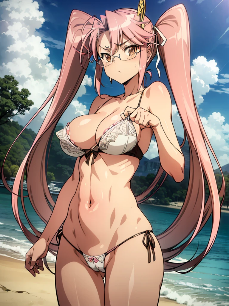 Nsfw,Hayatakagi, Hajime Takagi, Long hair, bow ribbon, (Twin-tailed:1.3), (Brown eyes:1.5), Hair Ribbon, Pink hair, (eye glasses:1.3),,(looking at the viewers:1.3),BREAK (masutepiece:1.2), Best Quality, High resolution, Unity 8k Wallpaper, (Illustration:0.8), (Beautiful detailed eyes:1.6), extra detailed face, Perfect Lighting, extremely details CG, (Perfect hands, Perfect Anatomy),(the beach:1.3),Naughty big、thighs thighs thighs thighs、solo, super micro small and tight transparent lace lingerie, half naked, very big breast, detailed nipples, deep cameltoe, barely spread legs, caderas anchas, extra small bra, g string, stripes translucent stockings