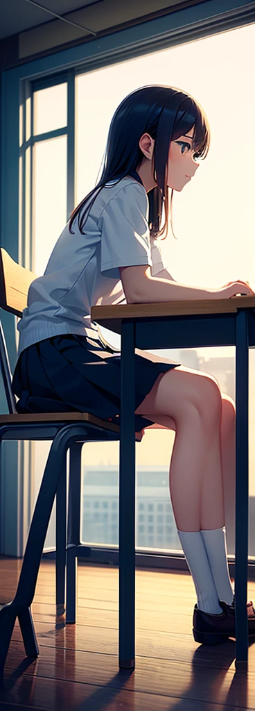 a lot of junior high school students, classroom, wooden tables and chairs, windows,(anime style),(CG), atmospheric perspective, masterpiece,((from side)), accurate, ((best quality)), high quality, super detail, high details, anatomically correct, highRes, 1080p 窓に近く