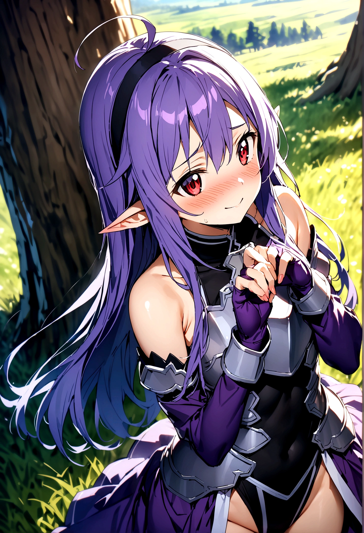 NSFW,masterpiece,Highest quality,High resolution,Super detailed,Yuki\(Sword Art Online\), Purple Hair, Long Hair, Ahoge, Red eyes, Pointed Ears, hair band, armor, breastplate, Removable sleeves, leotard, Purple Skirt, Bare shoulders, gloves,Embarrassed,Watery eye,smile,blush