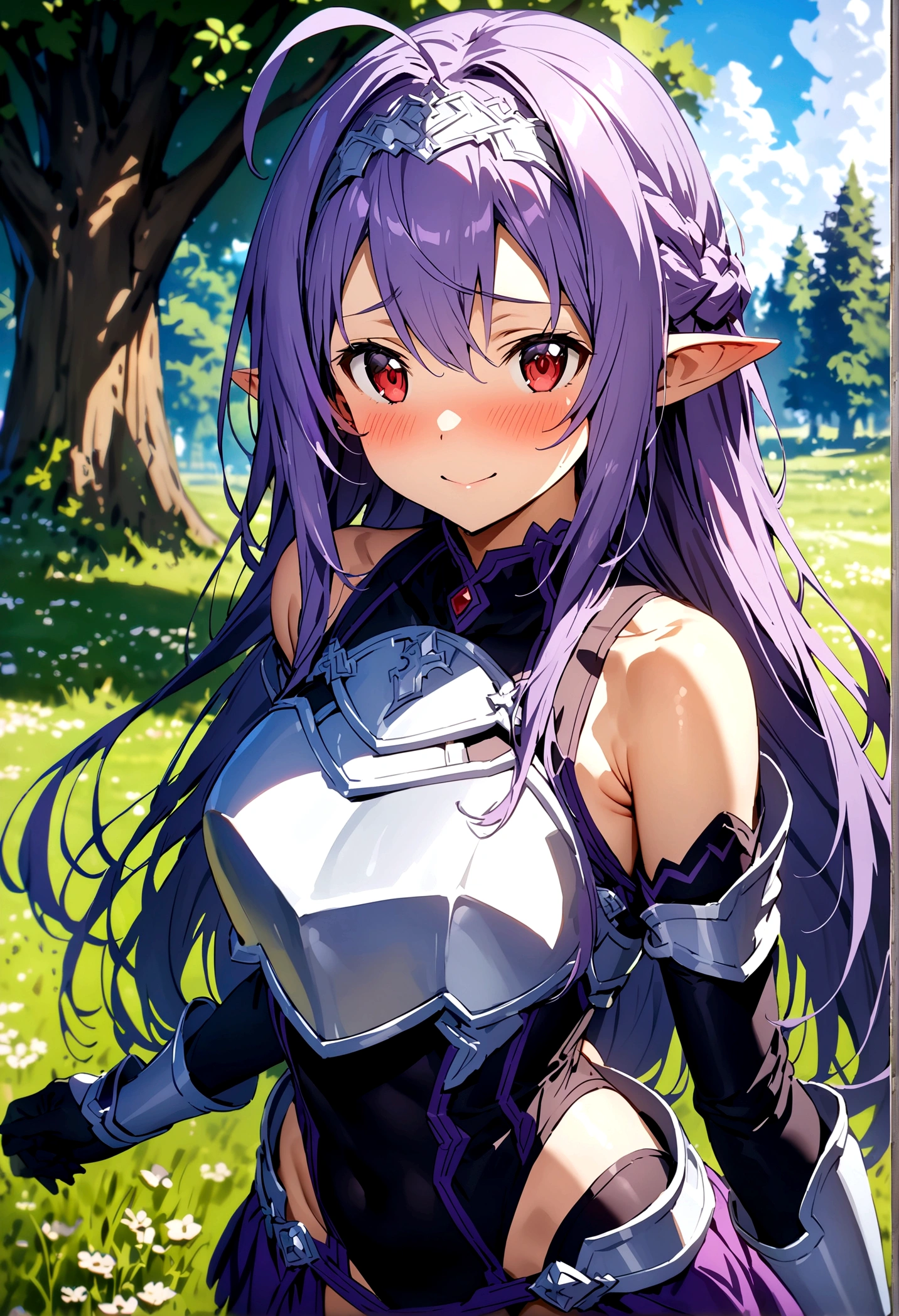 NSFW,masterpiece,Highest quality,High resolution,Super detailed,(Sword Art Online\), Purple Hair, Long Hair, Ahoge, Red eyes, Pointed Ears, hair band, armor, breastplate, Removable sleeves, leotard, Purple Skirt, Bare shoulders, gloves,Embarrassed,A cheerful smile,blush,grassland,Big tree