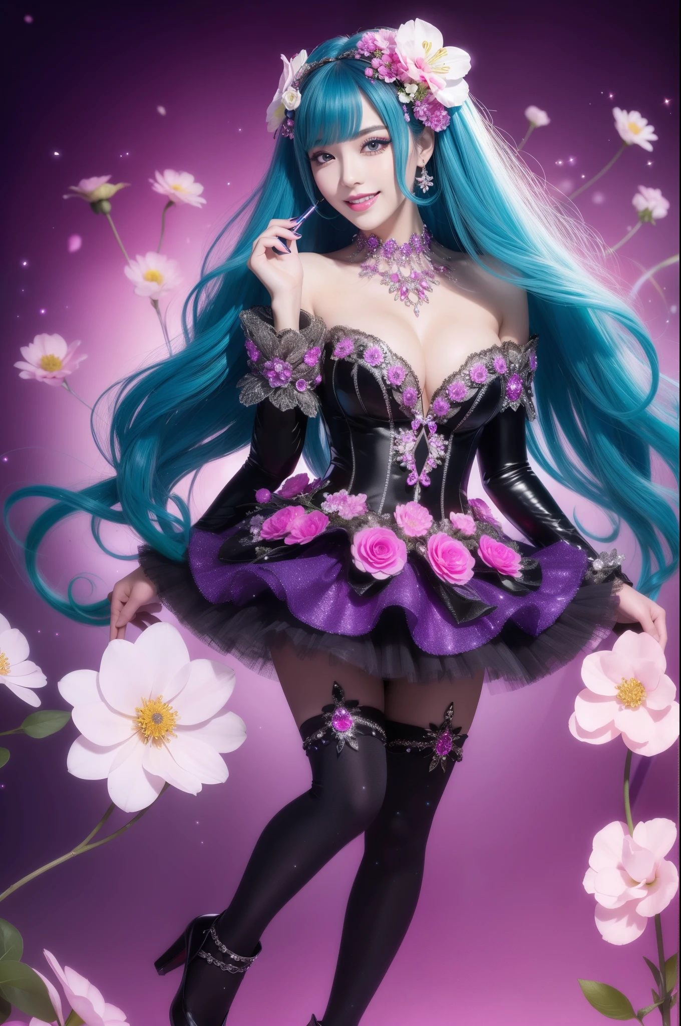 beautiful sexy woman who controls poison、beautiful smile、lipgloss、long lashes、professional makeup、full body Esbian、、sparkling poisoned flower costume、、、、sparkling Colorful hair、secrete poison、skull hair accessories schnet tights、flowers background