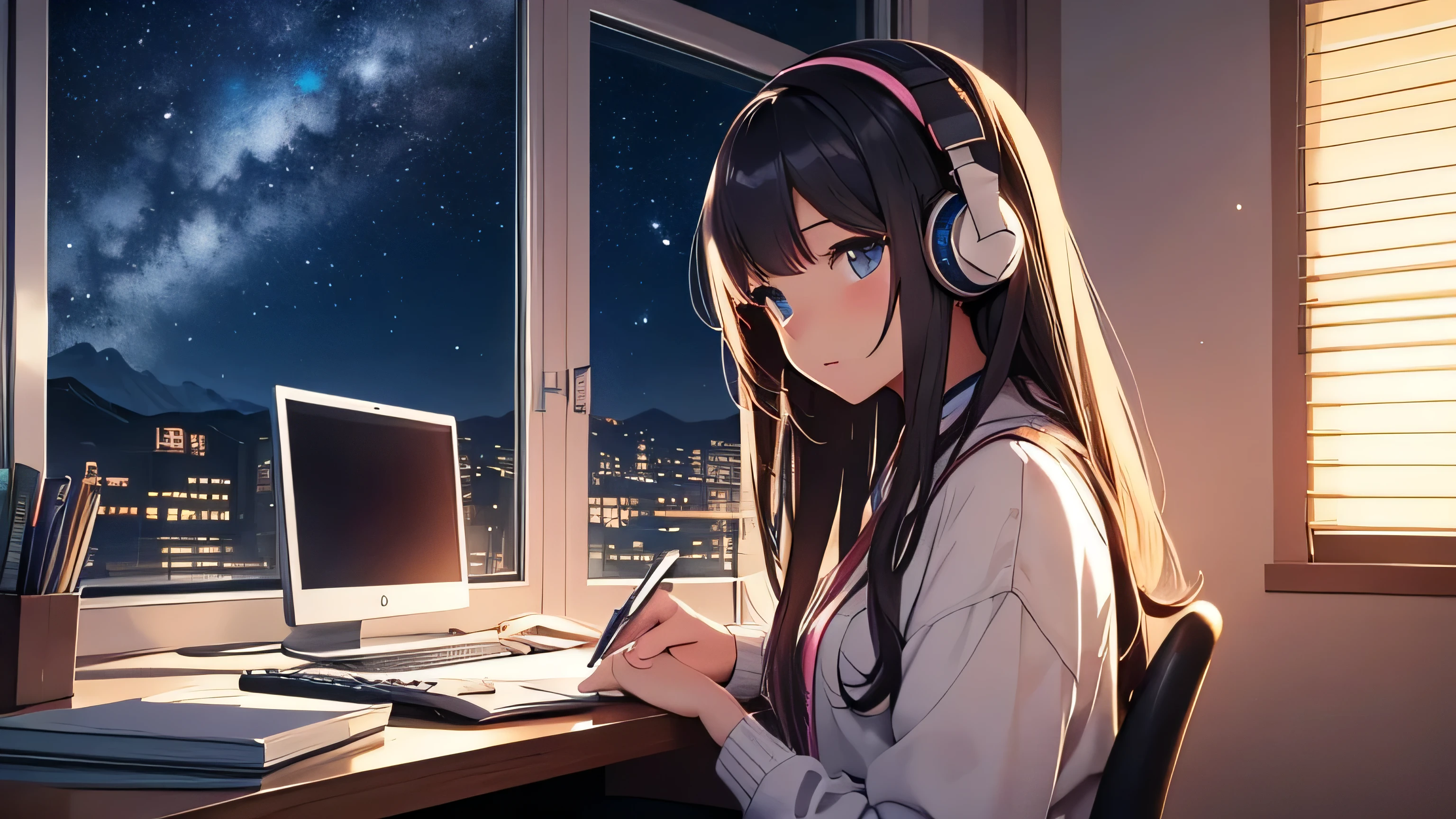 Beautiful girl studying in her room while listening to music with headphones Warm lighting Outside the window is a starry sky Japanese anime style