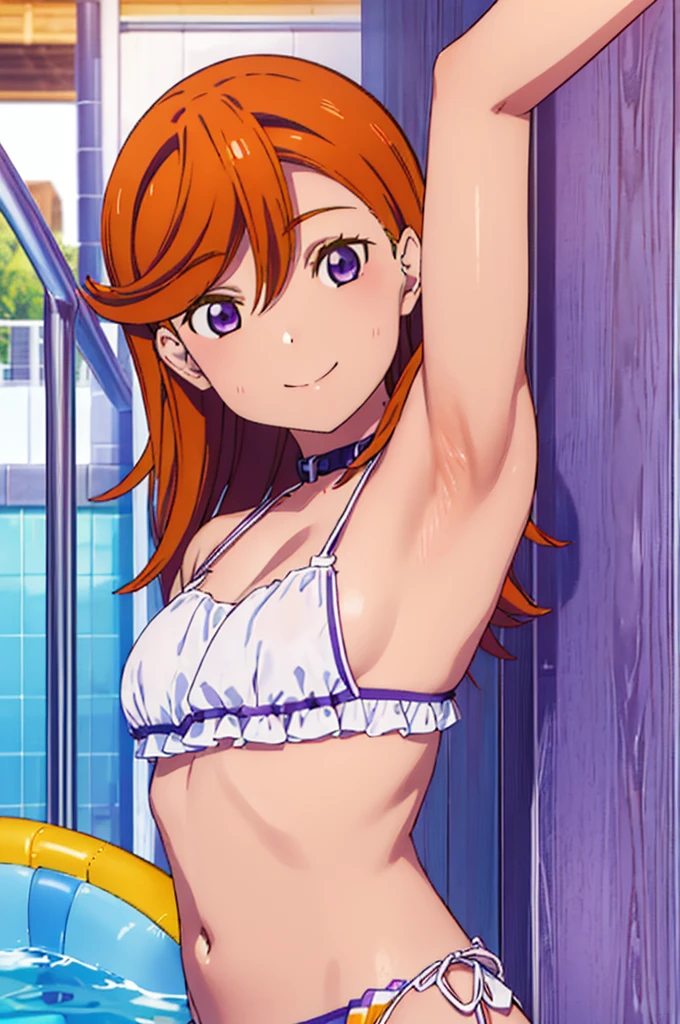 (((pixel-perfect, detail-perfect))), solo, 1girl, kanon shibuya, eyes violet, hair orange, smile, pool, bikini, armpit, medium filesize, ultra High Qality