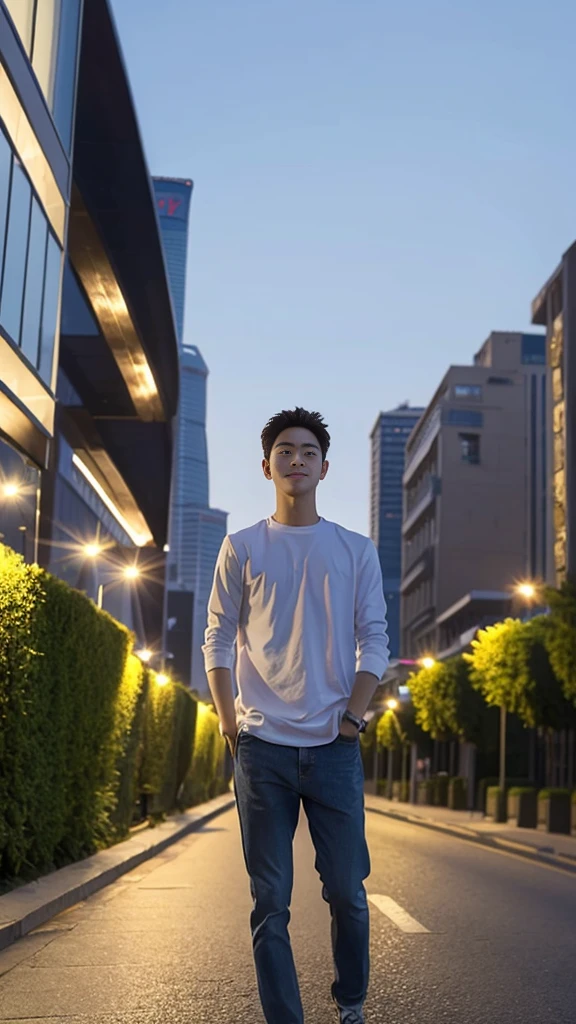 Masterpiece, best quality, height, Ultra high resolution,TRUE, photoTRUEistic,young man,handsome face,evening,natural light,look at viewer,outdoor,full body,smile,round face,short hair,Eye details,Shanghai city road,night scenery