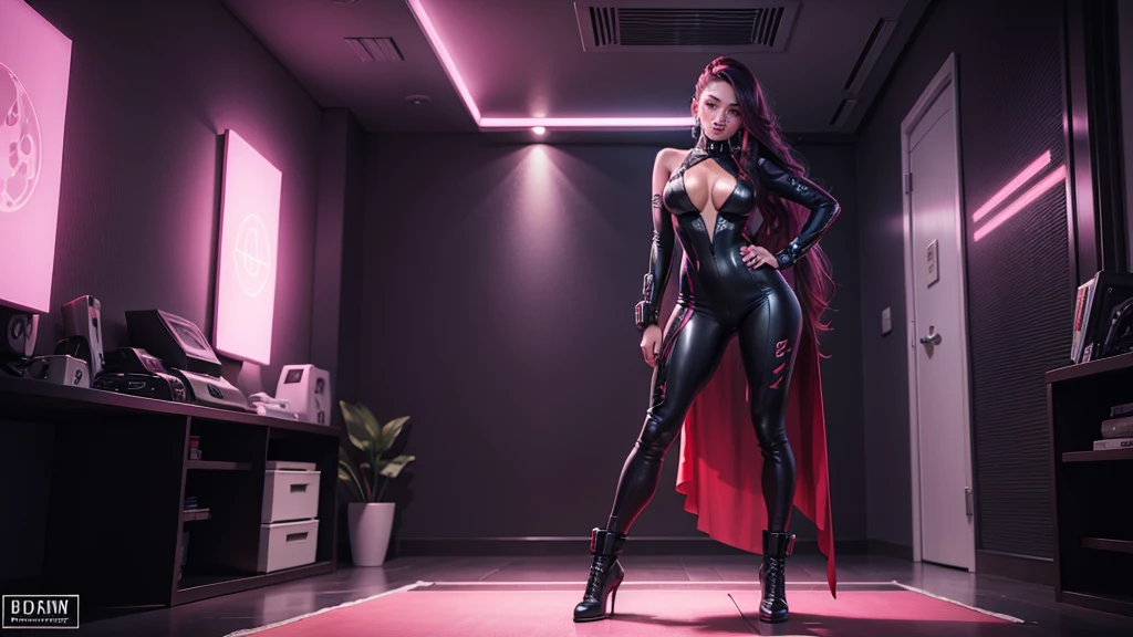 Full body portrait, beautiful cyberpunk woman, 25 years old, long hair, standing in futuristic bedroom, high definition, 4k, masterpiece, pinup, gorgeous