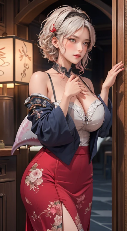 Very detailed,Very detailed,best quality,masterpiece,Implications,Practical, web rod,Chinese underwear, [[[特写Cleavage]]]]huge、Slender、Sagging breasts, Looking at the audience，,(((Full and soft breasts,)))(((Cleavage))) (Perfect curvy figure), , 1 girl, Solitary, Long white hair, Half Hammer Shark, clavicle, Diaphragm, Hanfu, shirt, , Chinese clothes, skirt, Long sleeve,Wide sleeves, skirt,camisole, Jewelry,Hair accessories, Off the Shoulders, Shoulder, Raise your arms, eternal, Looking at the audience, Floral scent, lantern,indoors, fail, Blurred background, Photo Background,