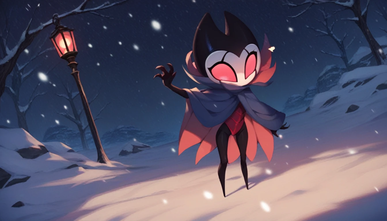 score_9, score_8_up, score_7_up, score_6_up, zPDXL2, grimm \(hollow knight\), vampire, bat, 1boy, solo, cute face, detailed eyes, anthro, landscape, highlight thighs, It's snowing outside, it's night, a lamp is on nearby, outdoor, winter coat, on his back, yawning 