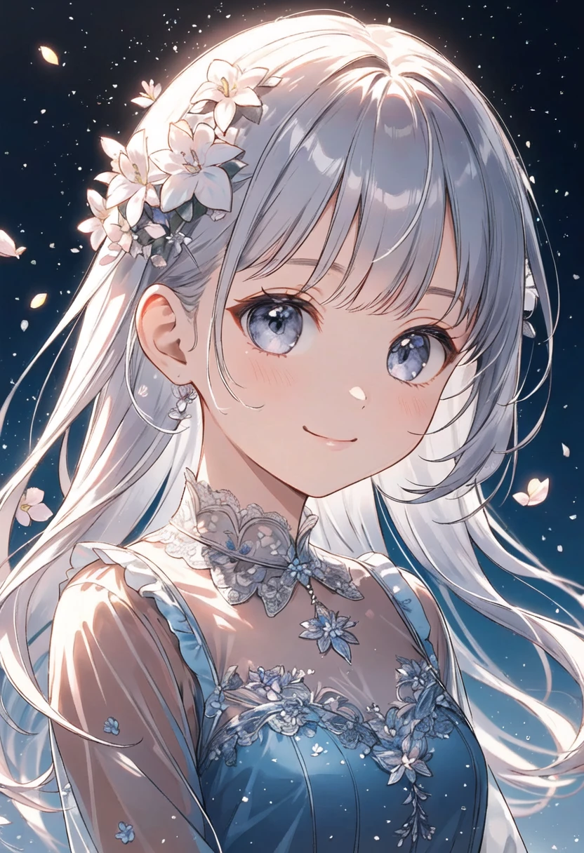 masterpiece, best quality, 1girl, solo, long_hair, looking_at_viewer, smile, bangs, skirt, shirt, long_sleeves, hat, dress, bow, holding, closed_mouth, flower, frills, hair_flower, petals, bouquet, holding_flower, center_frills, bonnet, holding_bouquet, flower field, flower field, lineart, monochrome,