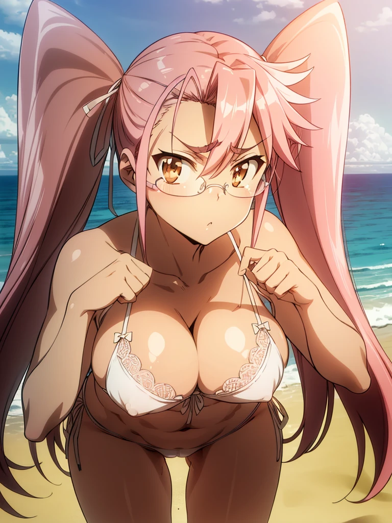 Nsfw,Hayatakagi, Hajime Takagi, Long hair, bow ribbon, (Twin-tailed:1.3), (Brown eyes:1.5), Hair Ribbon, Pink hair, (eye glasses:1.3),,(looking at the viewers:1.3),BREAK (masutepiece:1.2), Best Quality, High resolution, Unity 8k Wallpaper, (Illustration:0.8), (Beautiful detailed eyes:1.6), extra detailed face, Perfect Lighting, extremely details CG, (Perfect hands, Perfect Anatomy),(the beach:1.3),Naughty big、thighs thighs thighs thighs、solo, super micro small and tight transparent lace lingerie, half naked, very big breast, detailed nipples, deep cameltoe, barely spread legs, caderas anchas, extra small bra, g string, stripes translucent stockings
