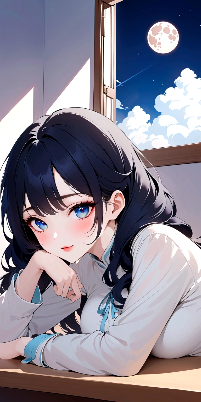 Highest quality,1People Girls, 1 person, cute, Black Hair,Twin tails,Curly Hair, Light blue eyes, Elegant and delicate eyes, Detailed facial features, Long eyelashes, Beautiful lip detail, graceful and detailed poses, Dynamic configuration,Vibrant colors, Soft and dreamy,A cheerful smile,classroom,night,moon, star, At the window,Sitting,White uniform,