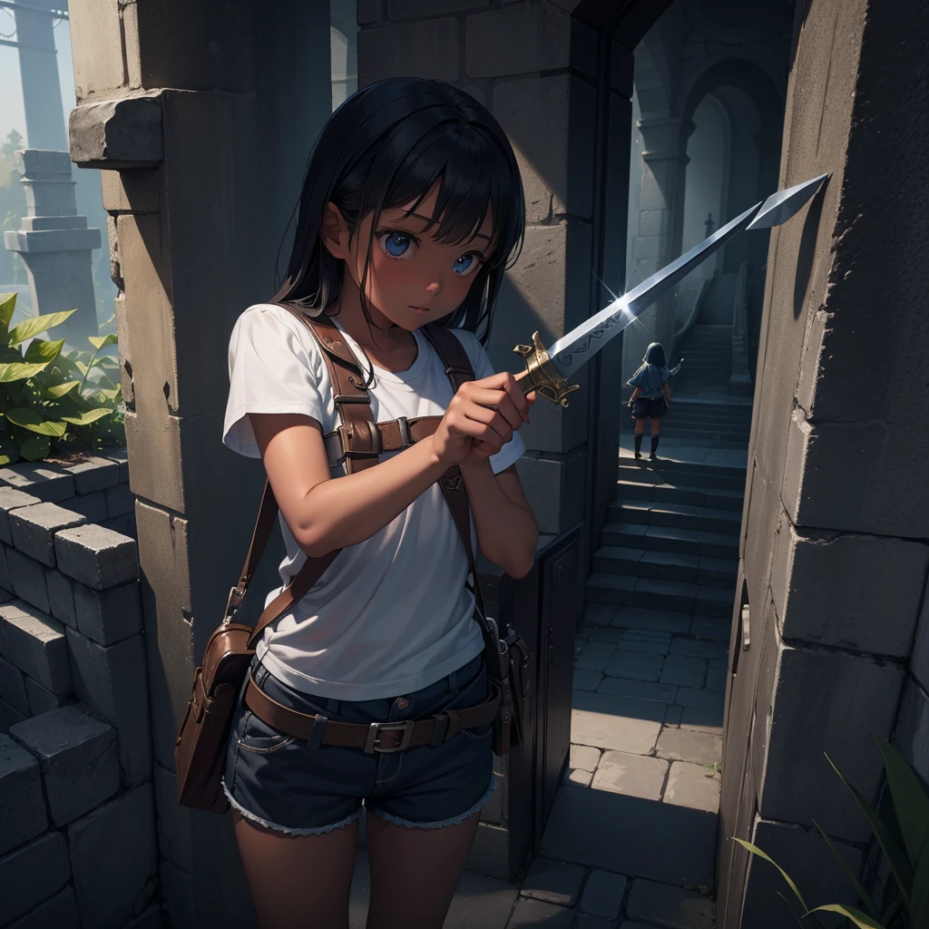 最high quality、high quality、Simple cloth clothing、１０Year old girl adventurer、Climb the maze stairs、Shorts、Equipped with a dagger and a shield、In a dark maze