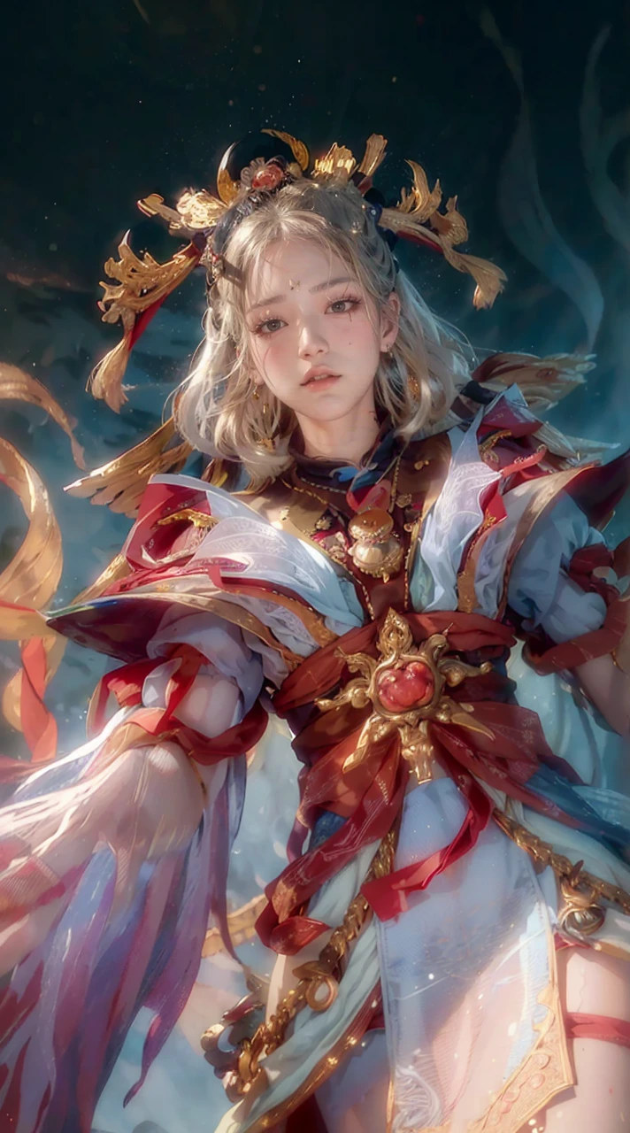 (RAW photo, best quality), (realistic, photo-realistic:1.3),best quality,highly detailed,masterpiece,ultra-detailed,illustration,1girl,upper_body,dynamic angle,world masterpiece theater,messy_long_hair,best quality,extremely detailed CG unity 8k wallpaper,ink,Amazing,cinematic lighting,lens_flare,,dunhuang_style
