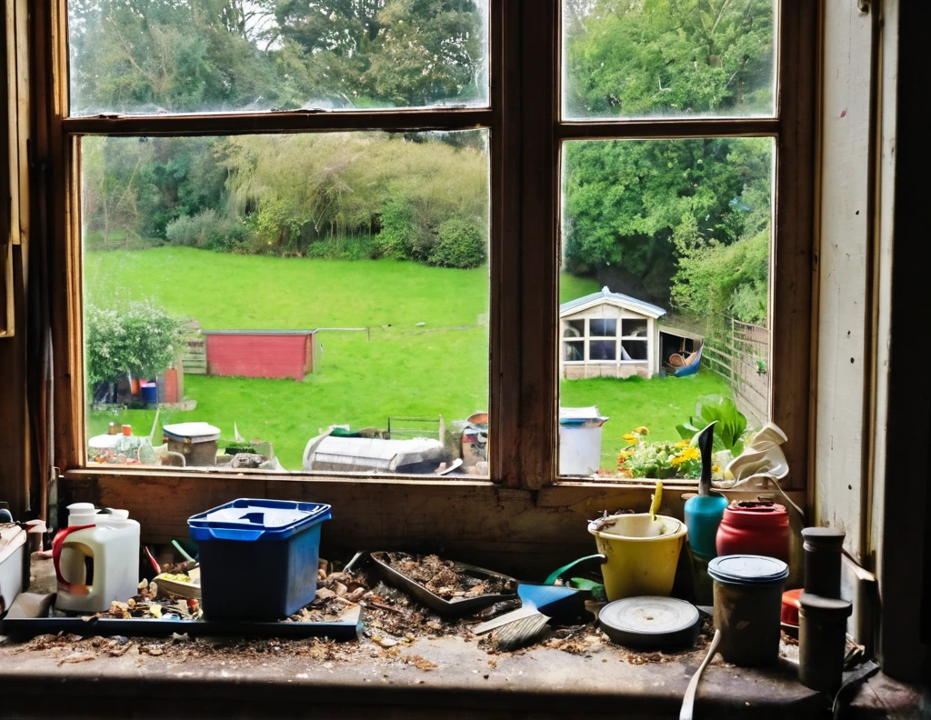 The View Outside the Window,window sill,Dirty shed window,cluttered,I'm going to open the window now to do some major cleaning.,Light shines through the window into the dimly lit room,halation,beautiful light and shadow,Tyndall effect,dim background,Dark and cluttered room,light from window,flash,Very flash,Curtains fluttering in the wind,Outside the window, the weather is refreshingly May.,Beautiful light shines into a dark room,masterpiece,The highest masterpiece,intricate details,rendering,zentangle elements,8K,three-dimensional sense,Impressive photos that look like paintings