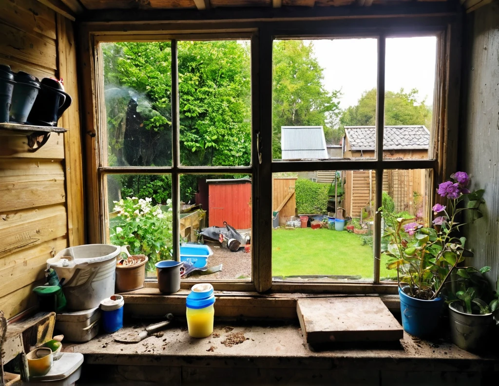 The View Outside the Window,window sill,Dirty shed window,cluttered,I&#39;m going to open the window now to do some major cleaning.,Light shines through the window into the dimly lit room,halation,beautiful light and shadow,Tyndall effect,dim background,Dark and cluttered room,light from window,flash,Very flash,Curtains fluttering in the wind,Outside the window, the weather is refreshingly May.,Beautiful light shines into a dark room,masterpiece,The highest masterpiece,intricate details,rendering,zentangle elements,8K,three-dimensional sense,Impressive photos that look like paintings