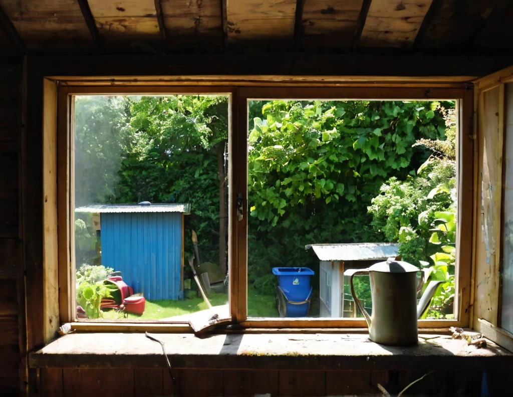 The View Outside the Window,window sill,Dirty shed window,cluttered,I'm going to open the window now to do some major cleaning.,Light shines through the window into the dimly lit room,halation,beautiful light and shadow,Tyndall effect,dim background,Dark and cluttered room,light from window,flash,Very flash,Curtains fluttering in the wind,Outside the window, the weather is refreshingly May.,Beautiful light shines into a dark room,masterpiece,The highest masterpiece,intricate details,rendering,zentangle elements,8K,three-dimensional sense,Impressive photos that look like paintings