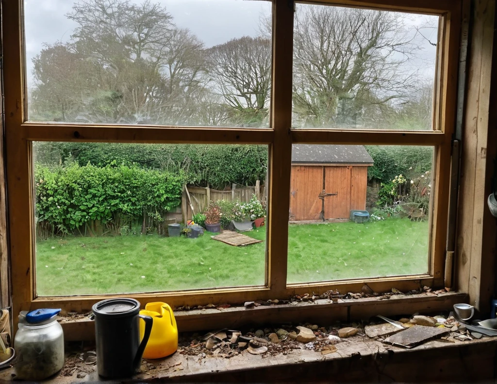 The View Outside the Window,window sill,Dirty shed window,cluttered,I&#39;m going to open the window now to do some major cleaning.,Light shines through the window into the dimly lit room,halation,beautiful light and shadow,Tyndall effect,dim background,Dark and cluttered room,light from window,flash,Very flash,Curtains fluttering in the wind,Outside the window, the weather is refreshingly May.,Beautiful light shines into a dark room,masterpiece,The highest masterpiece,intricate details,rendering,zentangle elements,8K,three-dimensional sense,Impressive photos that look like paintings