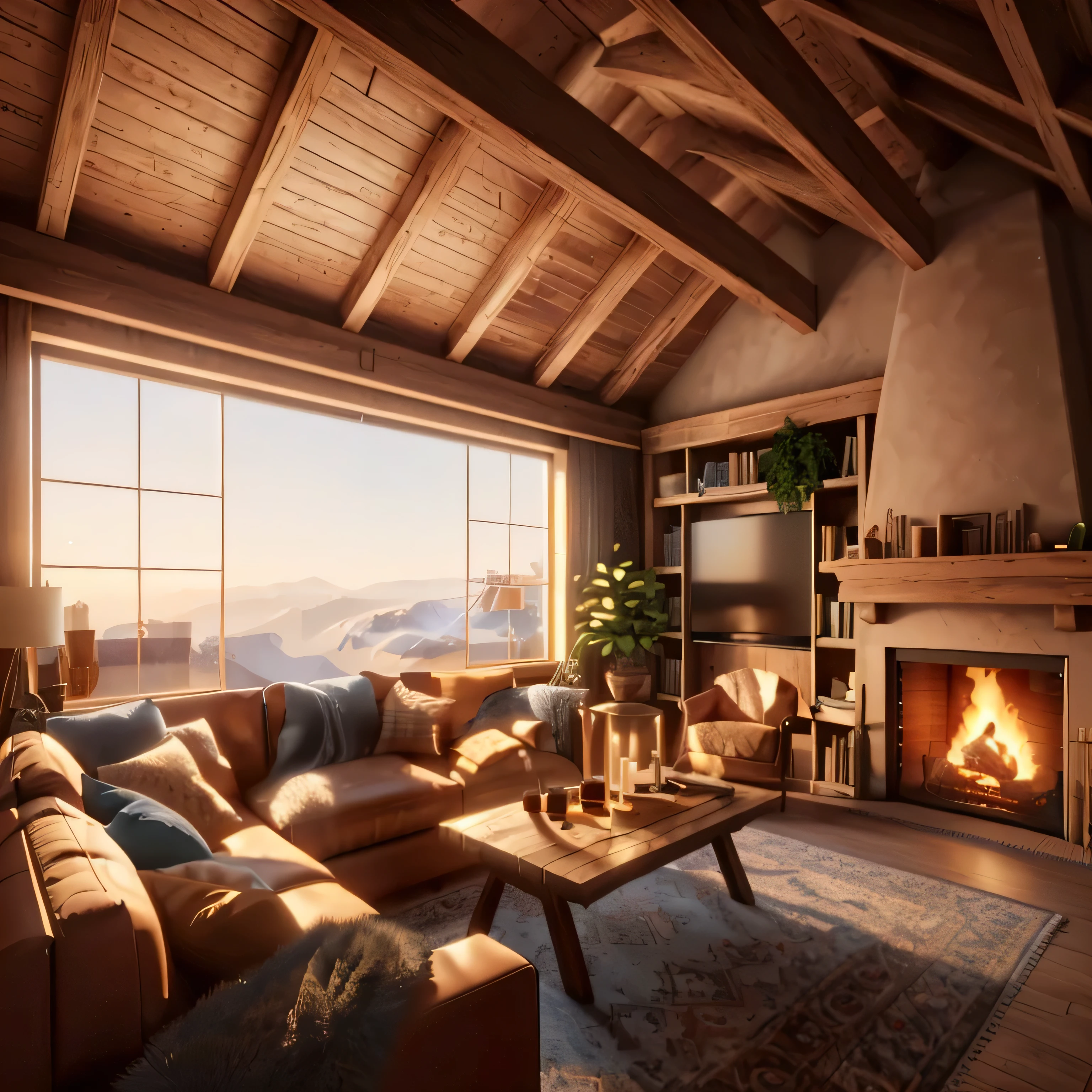 arafed living room with a fireplace and a large window, warm living room, picture of a loft in morning, unreal 5 engine rendered, vray 8k render, octane render unreal engine 8 k, unreal engine realistic render, rendered unreal engine 5, warm interior, hdr render in unreal engine 5, rendered in unreal engine 5, unreal engine 5 highly rendered