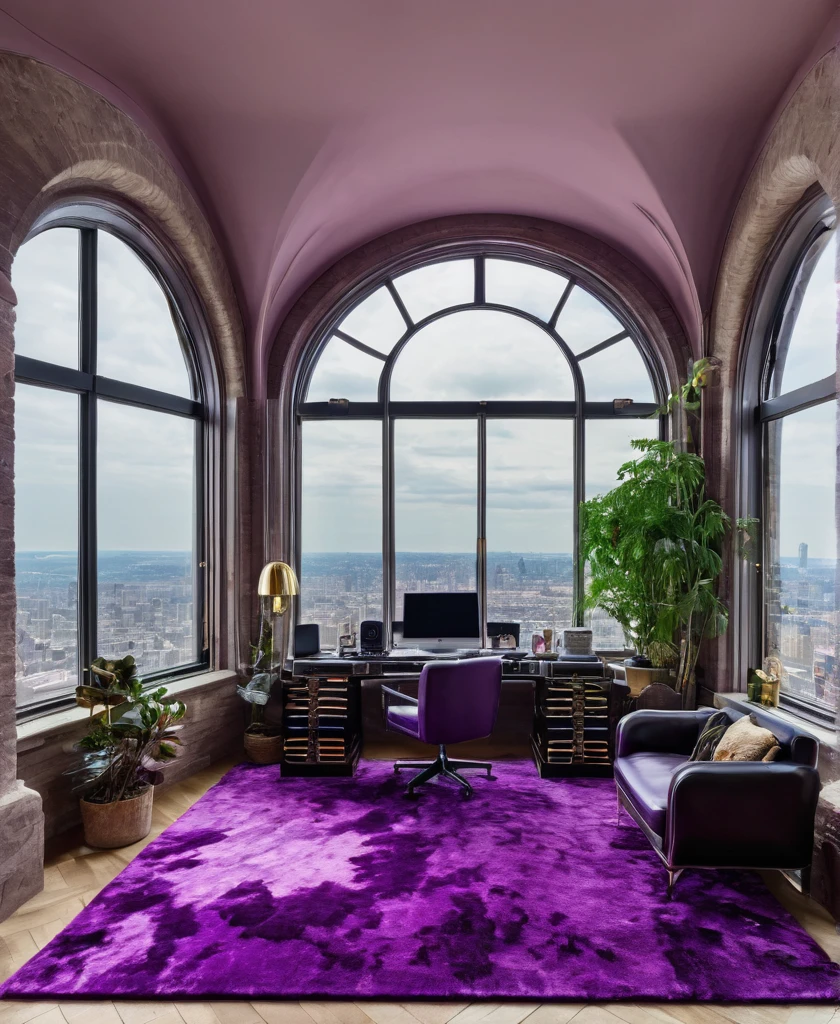 purple rug in a room with a view of a city, perfect maximalistic composition, penthouse, 80s interior with arched windows, architectural digest, dense hypermaximalist metropolis, 70s interior with arched windows, a computer table near window , with high end pc on it and music system in it , trending on pinterest,maximalist, biophilia mood, in style of norman foster, epic view, architectural digest photo, inside a grand