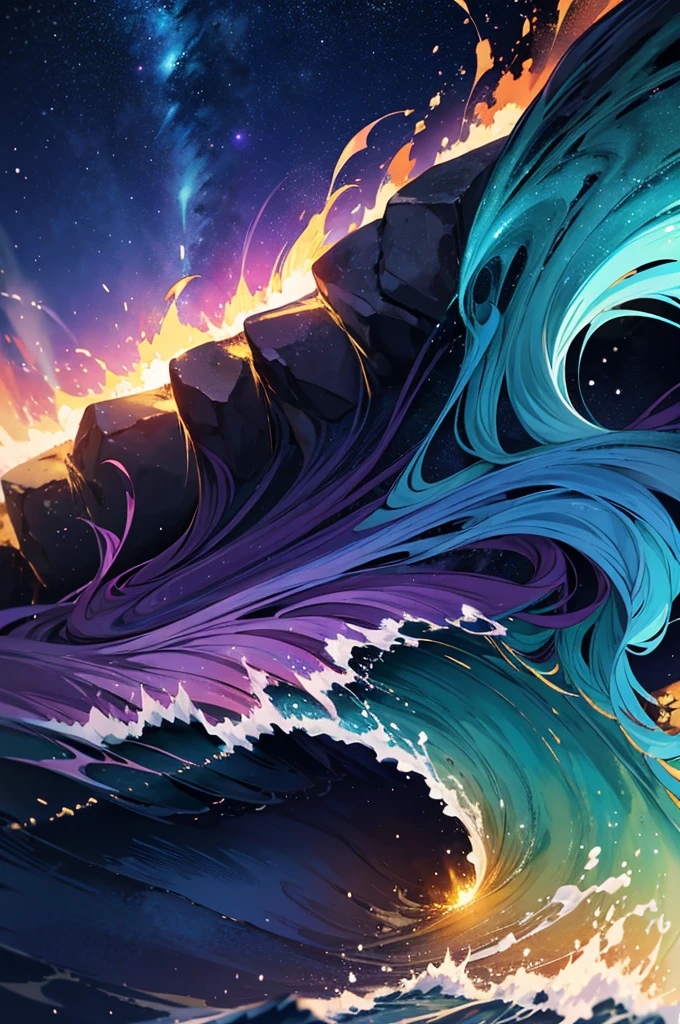 golden light, fire explosion, purple waves crashing behind, green and blue tornado, white blizzard