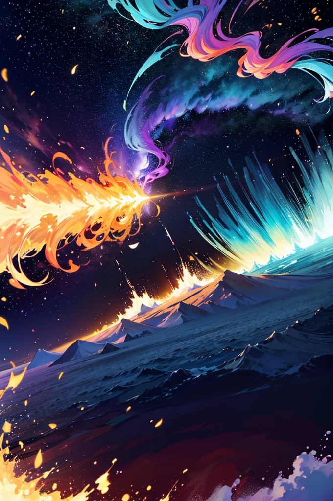 golden light, fire explosion, purple waves crashing behind, green and blue tornado, white blizzard