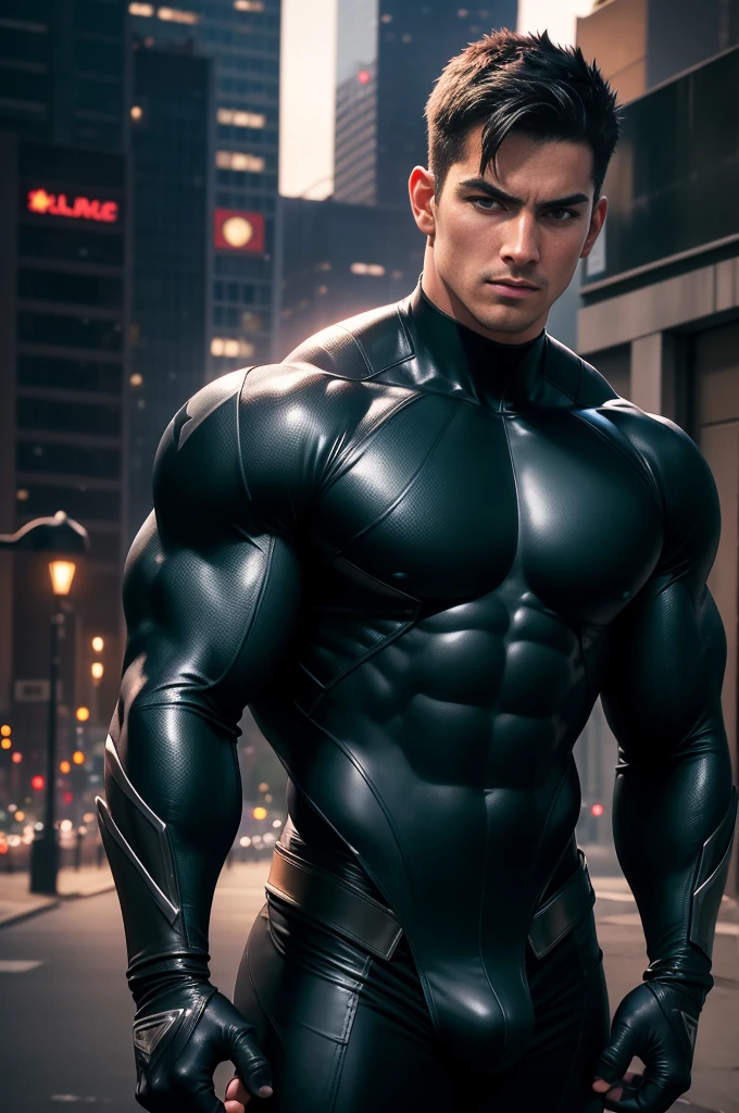 ((realistic: 1.5)),((best quality)), ((masterpiece)),((detailed)), male ninja, Vigilante, Caucasian American, handsome, photorealistic face,short hair, attack position,nightwing,vigilante tactical superhero outfit, katana on the back,wearing shiny black rubber suit, leather gloves,crop top shirt, abdominal muscles visible,chest visible, just outside of the city with evening cityscape in the background, huge biceps, huge muscles, muscular big body, wearing tight black rubber superhero suit,dick grayson,Nightwing