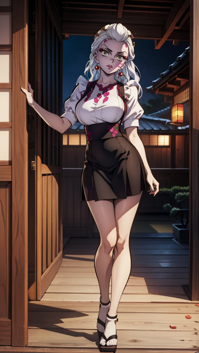 One Demon Girl, looks at the camera, Portrait of a girl, Beautiful waist, night, ancient japan, very sexy, grin, maid costume, black and white maid uniform, apron, mini skirt, in a wooden house, fangs обножены,  mouth open, fangs, smile, White hair, erotica, very sexy, beautiful body is completely visible, masterpiece, Best quality, full length (Full body 1.1.), Beautiful waist, good feet, high quality, long hair, White hair.  Highly detailed face, depth of field, HDR, very detailed, ray tracing, whole body, dark fantasy, Demon&#39;s tattoo, very beautiful, Beautiful ., 1 girl, solo, I look at the viewer, black hair, hair ornament, jewelry, closed mouth, green eyes, yellow eyes, japanese clothes, kimono, draw up, pomade, slit pupils, Brilliant eyes, wicked, Red lips, hair stick