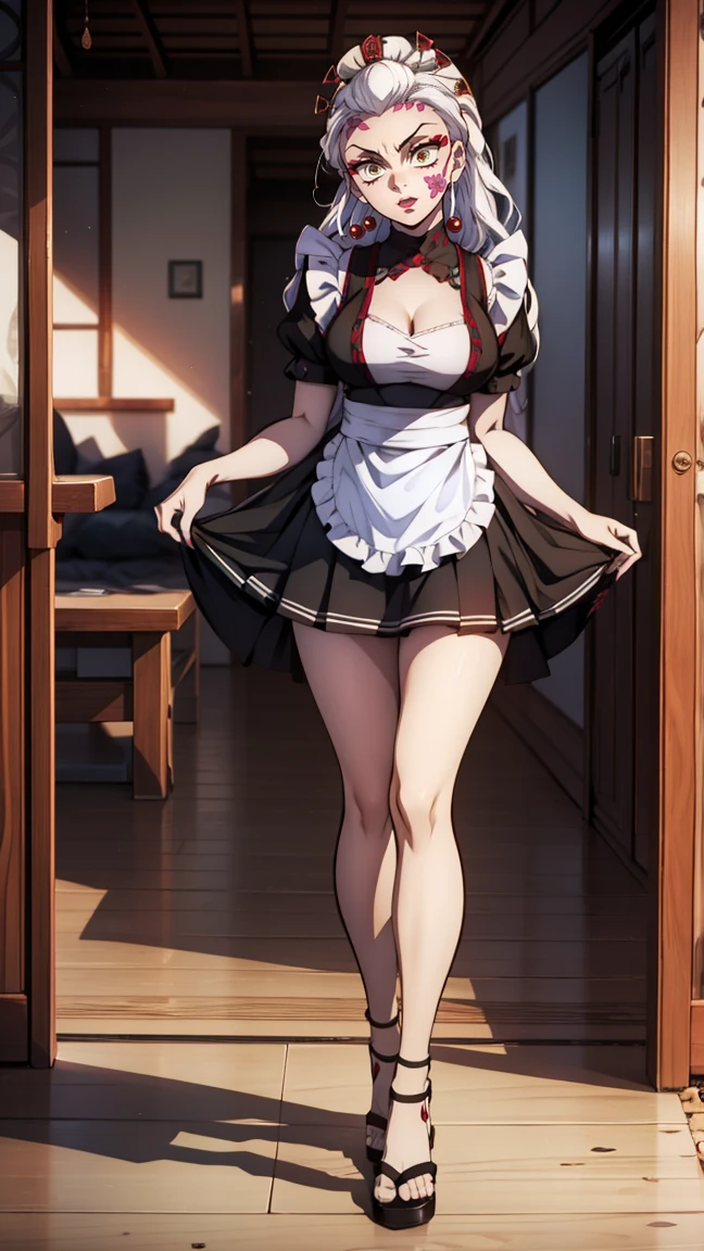 One Demon Girl, looks at the camera, Portrait of a girl, Beautiful waist, night, ancient japan, very sexy, grin, maid costume, black and white maid uniform, apron, mini skirt, in a wooden house, fangs обножены, mouth open, fangs, smile, White hair, erotica, very sexy, beautiful body is completely visible, masterpiece, Best quality, full length (Full body 1.1.), Beautiful waist, good feet, high quality, long hair, White hair. Highly detailed face, depth of field, HDR, very detailed, ray tracing, whole body, dark fantasy, Demon's tattoo, very beautiful, Beautiful ., 1 girl, solo, I look at the viewer, black hair, hair ornament, jewelry, closed mouth, green eyes, yellow eyes, japanese clothes, kimono, draw up, pomade, slit pupils, Brilliant eyes, wicked, Red lips, hair stick
