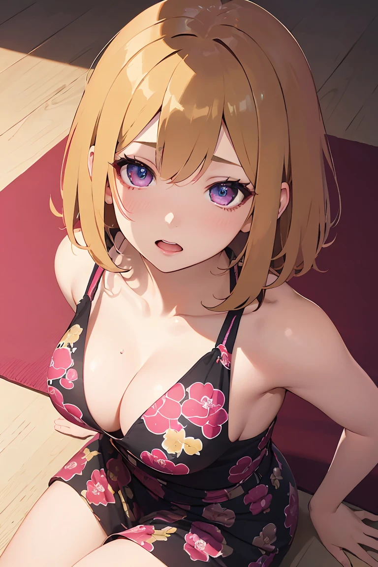 masterpiece, absurdres, best quality, ultra detailed, high Resolution, detailed illustration, bright colour, (extremely beautiful detailed face and eyes, Delicate beautiful face, 1 girl, cute face:1.3), (magenta eyes:1.1), sparkling eyes, big eyes, medium , (perky breasts(pointy breasts:1.1), hips, glamorous body, white skin, BREAK, long bob cut, (blonde hair:0.8), messy hair, detailed hair, shiny hair, BREAK (undressed, casual dress with print:1.3), perfect lighting, (embarrassed:1.3), (ecstasy, vulgarity:1.embling:0.8), (Sleeping on your back, On the mat, From above:1.3),