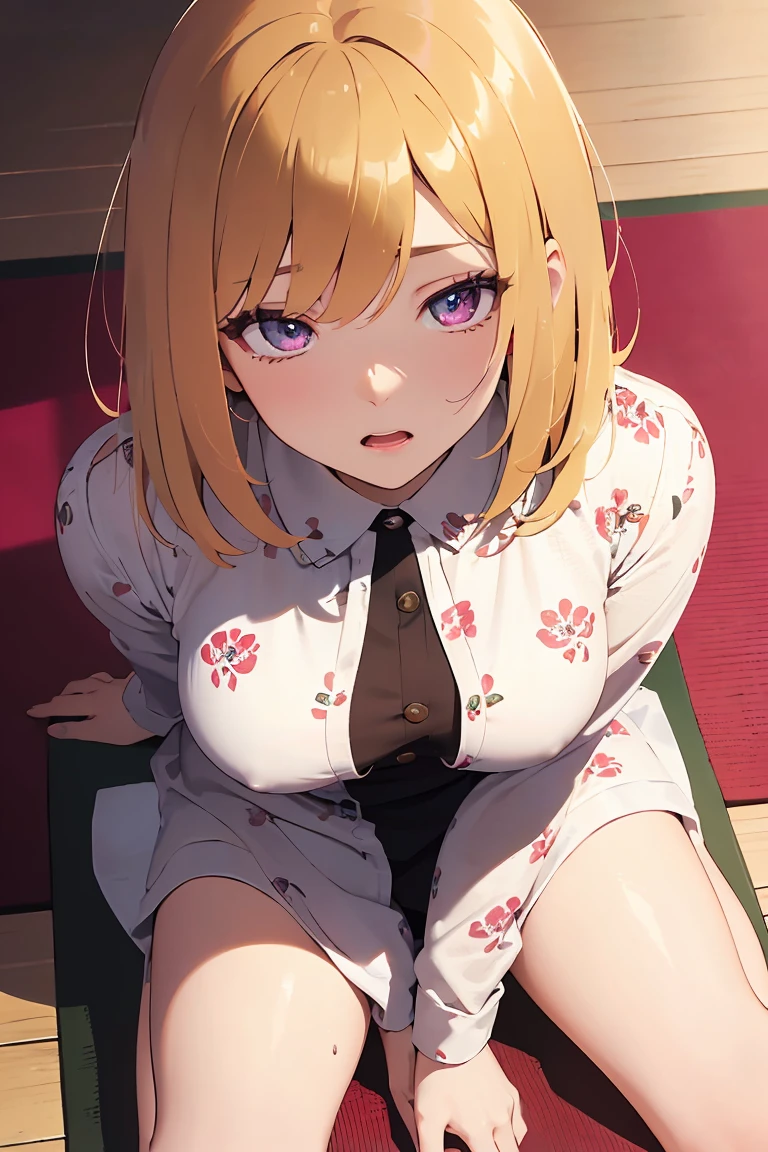 masterpiece, absurdres, best quality, ultra detailed, high Resolution, detailed illustration, bright colour, (extremely beautiful detailed face and eyes, Delicate beautiful face, 1 girl, cute face:1.3), (magenta eyes:1.1), sparkling eyes, big eyes, medium breasts, (perky breasts:1.1), (pointy breasts:1.1), medium hips, glamorous body, white skin, BREAK, long bob cut, (blonde hair:0.8), messy hair, detailed hair, shiny hair, BREAK (undressed, casual dress with print:1.3), perfect lighting, (embarrassed:1.3), (ecstasy, vulgarity:1.5), (trembling:0.8), (Sleeping on your back, On the mat, From above:1.3), 