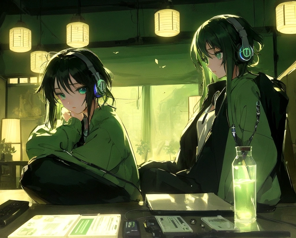 night、Girl listening to music in a cozy room, Use green headphones, 2D anime style, Lo-Fi, hard disk, Dark Environment、Staying calm