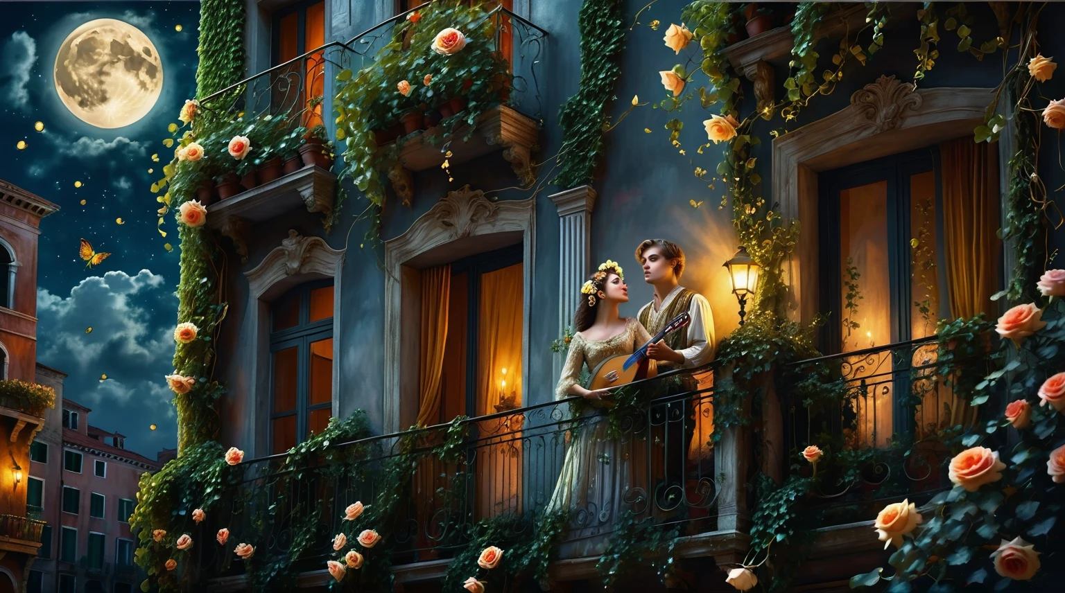 Moonlit night. A street. A young man stands playing a lute. He looks up at the balcony in front of him, covered in ivy and vines. On the balcony stands a beautiful girl in a Venetian mask. She inhales the fragrance of a rose in her hand and admires the full moon in the night sky. Fireflies flutter in the air and fragrant flowers bloom. Renaissance, Romanticism, Neoclassical. Strictly follow the scene description. cinematic, dramatic lighting, historical painting, masterful, moody, mythical, painterly, Venetian style, gloss, intricate details, rich color palette, atmospheric, evocative, seamless, photorealistic