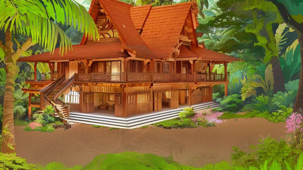there is a drawing of a house in the middle of a jungle, luxurious wooden cottage, peaceful wooden mansion, realistic scene, stylized digital illustration, highly detailed scene, hyper detailed scene, tropical location, wooden cottage, beautiful detailed scene, detailed digital illustration, hq very detailed, realistic establishing shot, a digital rendering, immensely detailed scene, tropical wood, tropical style