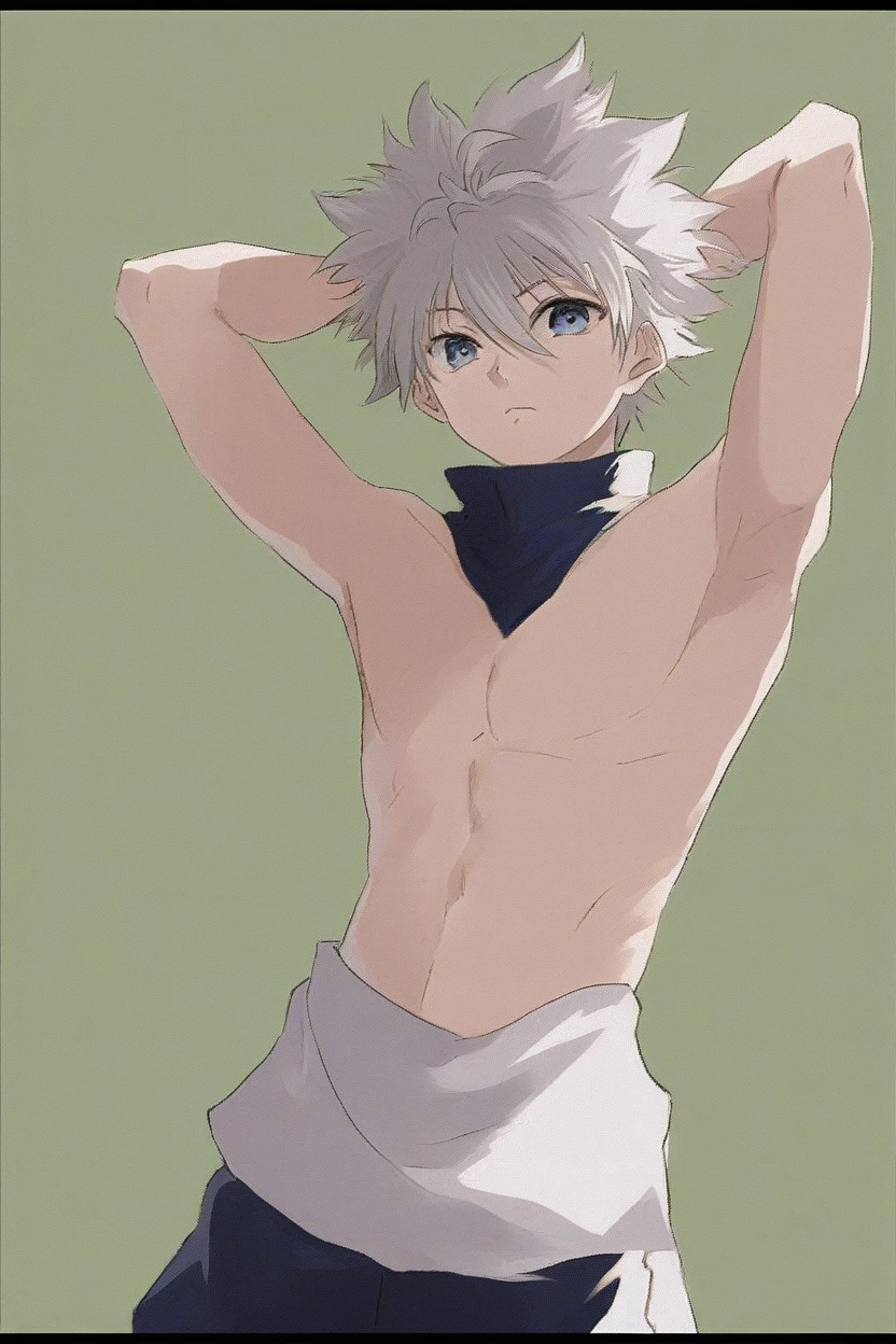 killua_zoldyck, 1boy, solo, short hair, bangs, blue eyes, simple background, , , hair between eyes, closed mouth, upper body, white hair, , male focus, shorts, arms up, ,, turtleneck, border, spiked hair, arms behind head, yellow background, , green background, male, score_9, rating_safe ,Shirtless,Showing armpits