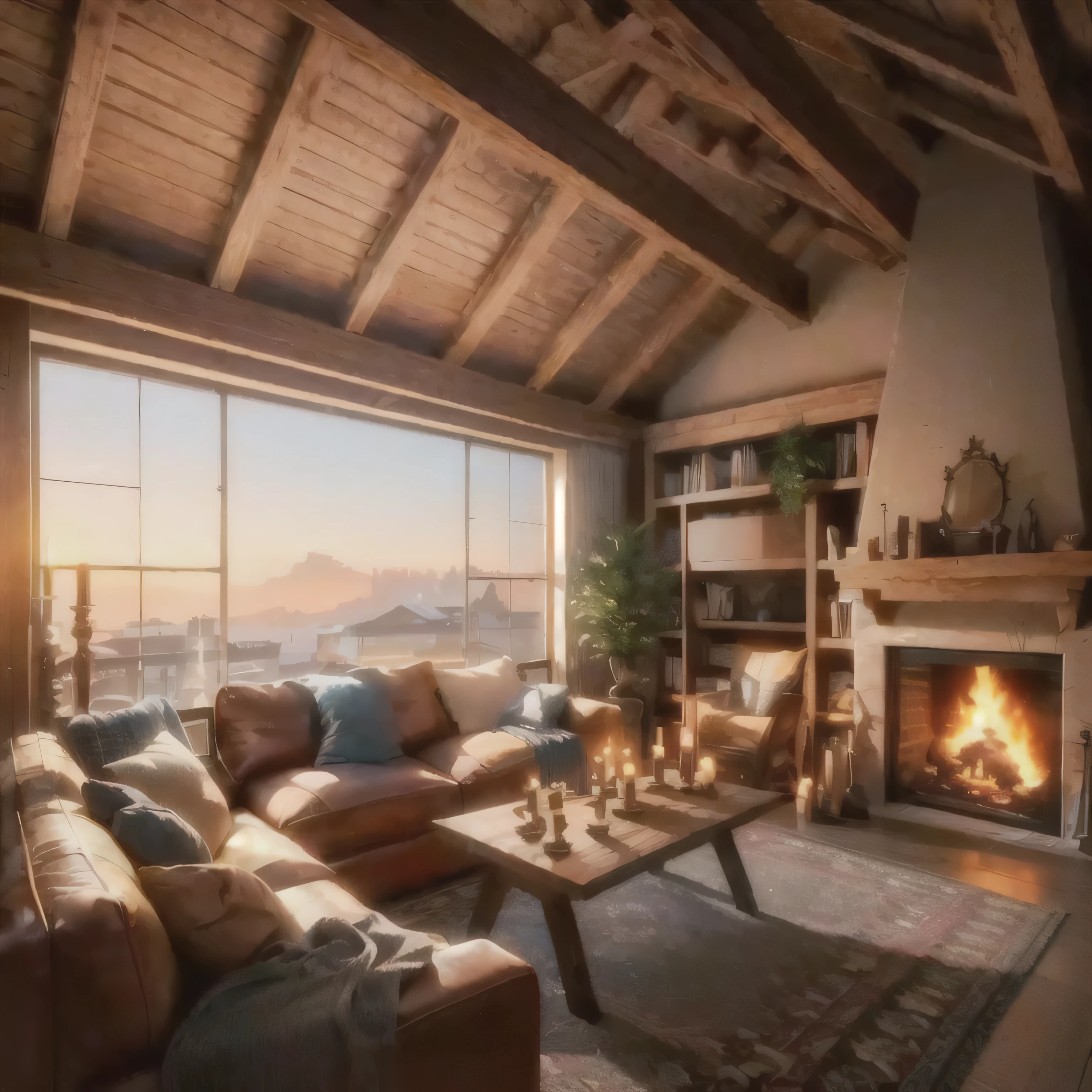 Arafi living room with fireplace and large windows, warm living room, morning loft pictures, Unreal 5 engine rendered, Vray 8K rendering, octane rendering unreal engine 8 k, unreal engine realistic rendering, rendered Unreal Engine 5 Rendered, Warm Interiors, HDR Render with Unreal Engine 5, Render with Unreal Engine 5, Unreal Engine 5 Advanced Render, Nordic Style