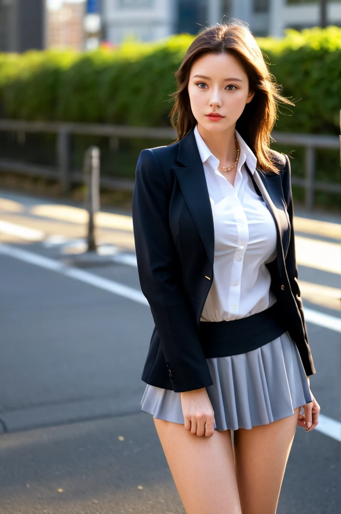the most beautiful actress in the world, she is 18 years old, the perfect body proportions of this girl, blazer is firmly worn and closed on formal shirt, her large breasts are firmly covered and never exposed, it's difficult for short skirt to cover panties because it is too short, her bare thighs, lower than her knees are out of this picture, at city street, standing, best quality, highly detailed, masterpiece, ultra high res, photo realistic, 8k