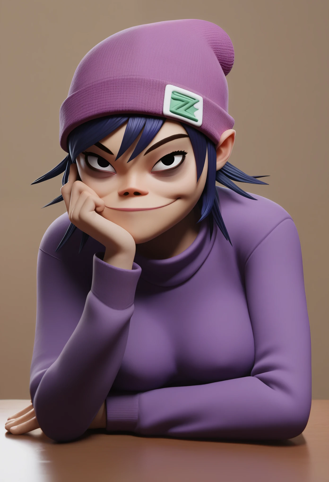 score_9, score_8_up, score_7_up, BREAK, 1girl, solo, breasts,   noodlegorillaz, 1girl, solo, breasts, looking at viewer, smile, long sleeves, hat, upper body, sweater, sleeves past wrists, head rest, beanie, bags under eyes