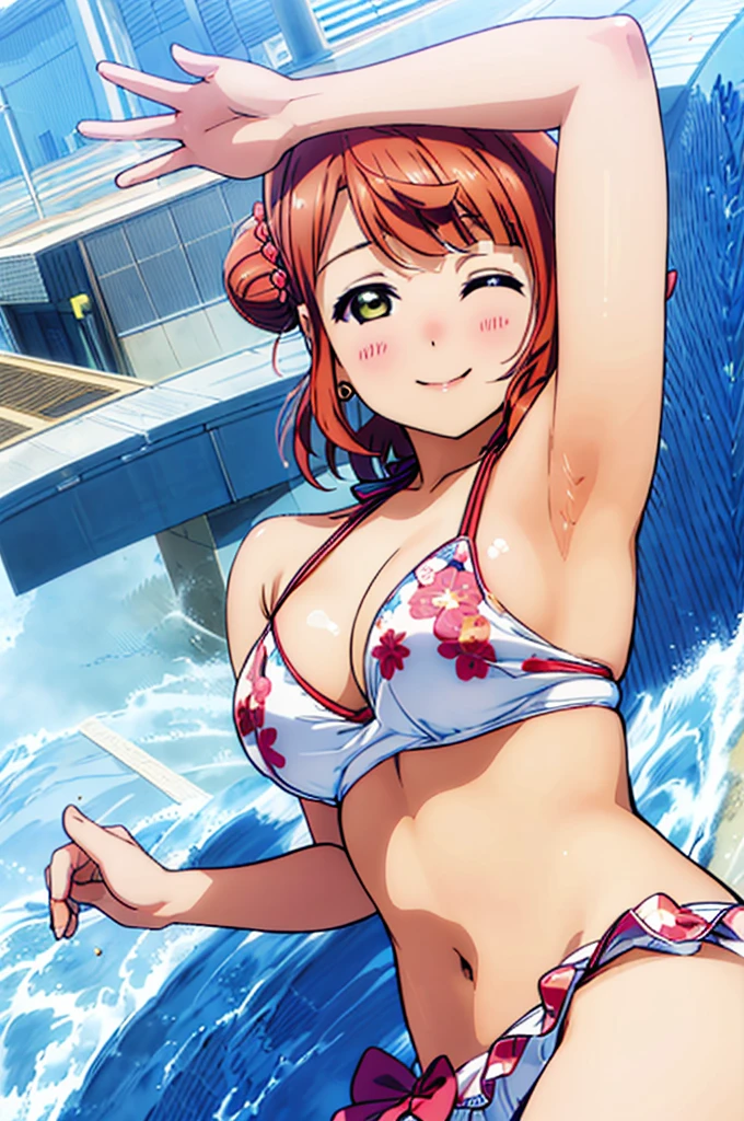 (((pixel-perfect, detail-perfect))), solo, 1girl, ayumu uehara, smile, sauna, bikini, armpit, medium filesize, ultra High Qality